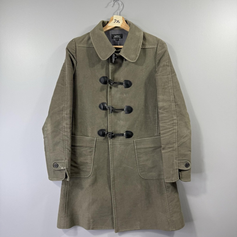A.P.C. Coat Womens 38 Green Cotton Twill Toggle Front Mid Length Overcoat